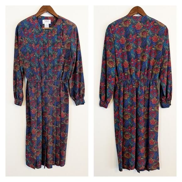 Talbots Vintage 90’s Floral Dot Midi Dress Blue Red Gold Size 8 Petite EUC - Picture 1 of 13